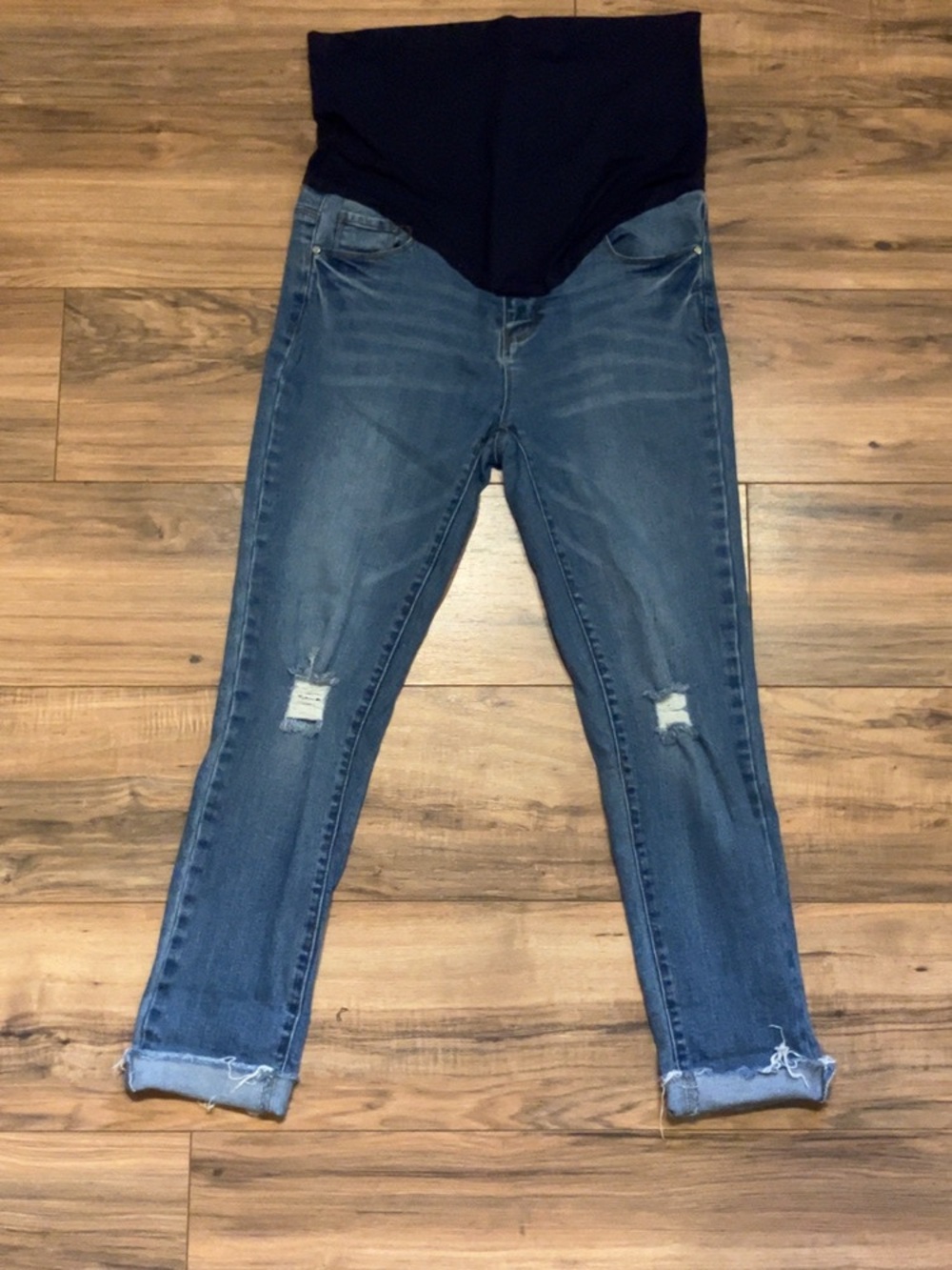 Maternity Blue Distressed Skinny Jeans with Black Stretch Panel